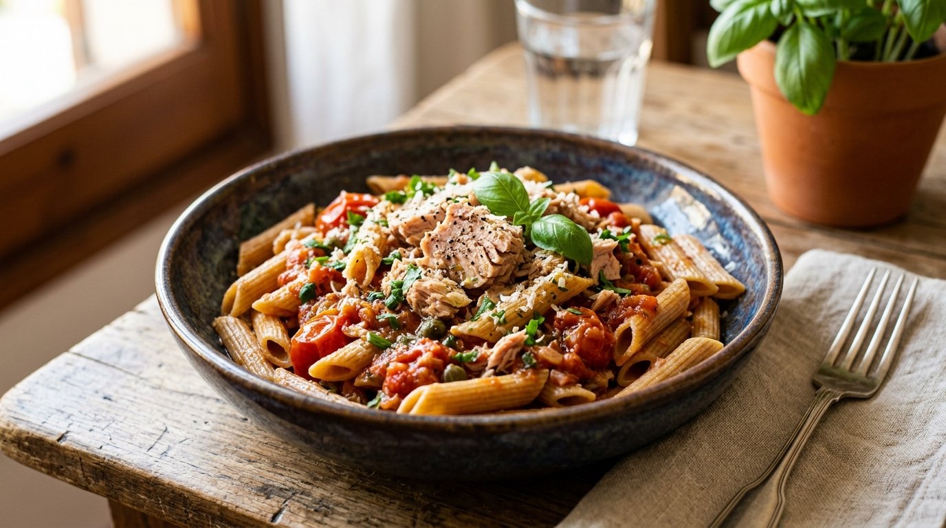 Pasta integral o común con atún y tomate
